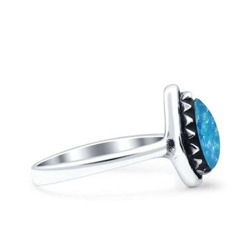 Petite Dainty Pear Lab Created Blue Opal Ring Solid Oxidized 925 Sterling Silver